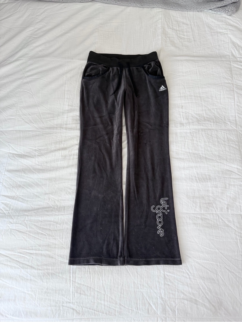 Y2K Adidas “Let’s Groove” Brown Velour Drawstring Flare Track Pants Size S